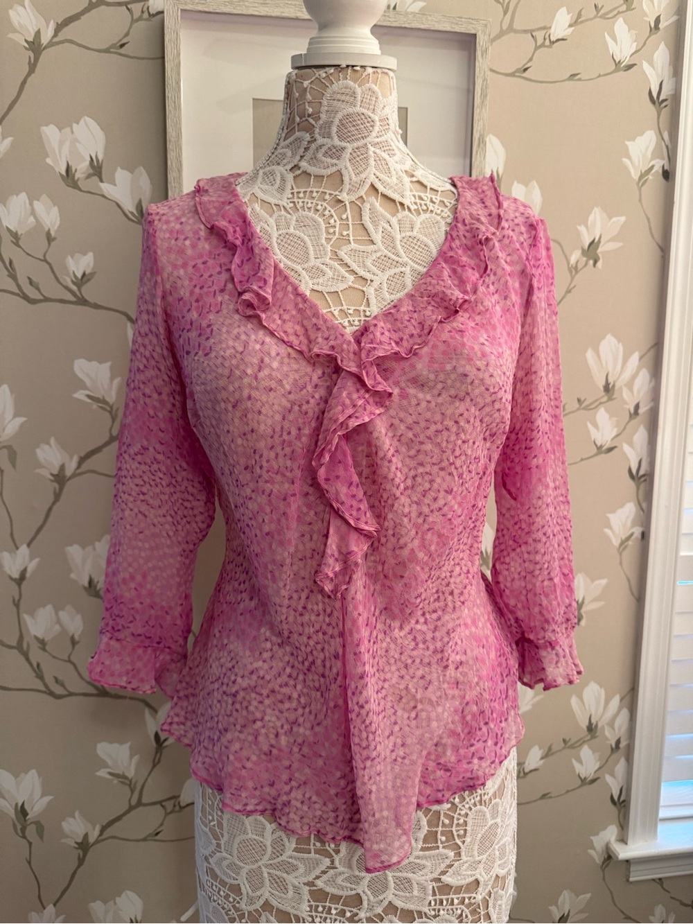 Pink Ruffled V-Neck Women's Blouse
